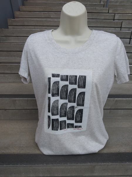 T-shirt featuring Mark Mothersbaugh’s 1977 print Tires I